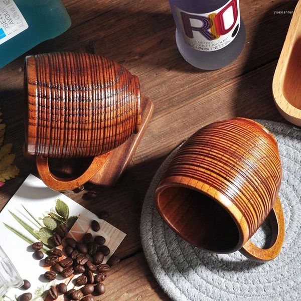 Tazas y platillos de madera con gran barriga, taza con asa, hecha a mano, madera Natural, cerveza, té, café, leche, agua, vajilla japonesa, barra de cocina