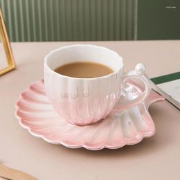 Kopjes schotels Yomdid gradiënt Pearl Shell Coffee Mug Creative Cup Saucer Set keramische melkthee water drinken duurzaam keukendrankware