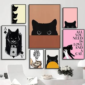 Nieuwsgierige Zwarte Kat Poster Drie Kittens Canvas Schilderij Kat Minnaar Citaat Art Posters en Prints Wall Art Foto Woonkamer Badkamer Woondecoratie Wo6