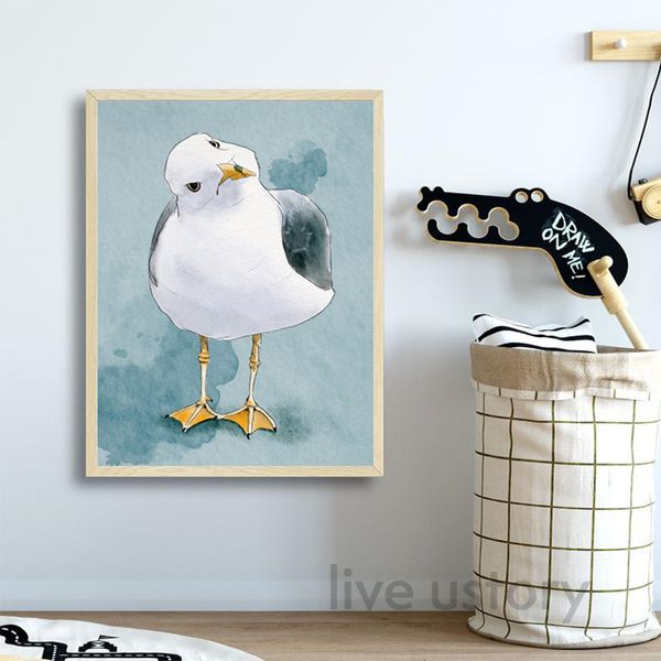 Curious Seagull Art imprimés aquarelle affiche de la main moderne dessin sur toile de la mouette peinture de pépinière images murales