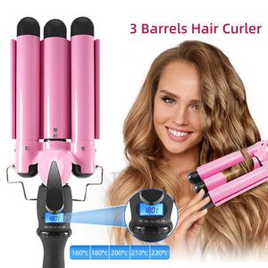 Curling Irons Electric Professional Ceramic Curling Roller LCD Display Iron Wave Shaping Tool 3 emmers bars Bigwave Q240506