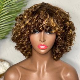 Curly Bob Human Hair Wigs avec une frange courte rose sans glu sans glue sans borgogne Highlight Highlight Blonde Colored Wig