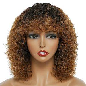 Perruque Bob bouclée cheveux humains 1B/30 sans dentelle avant sans colle courte perruque bouclée crépue marron ombré perruques afro bouclées pour femmes noires perruques colorées avec frange densité 150 % Jerry bouclé