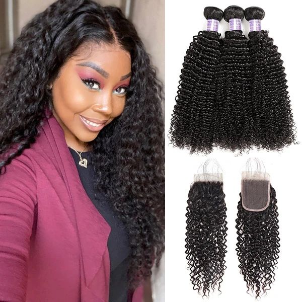 Extensions de cheveux bouclés corps lâche profonde 3/4 pièces avec dentelle 4*4 fermeture faisceaux de cheveux humains d'eau droite avec fermeture