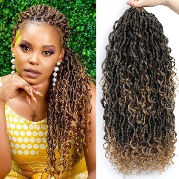 Rizado Faux Locs Crochet Cabello Kanekalon Ombre Color 18 pulgadas River Locs Extensiones de cabello trenzado Ondulado Diosa Locs Trenzas