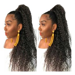 Krullend Menselijk Haar Paardenstaart met Wrap Trekkoord 1 Stuk, 3C Braziliaanse Haren Natuurlijke Kleur Afro Kinky Curl Haarsnelzer Clip-in Extensions Paardenstaarten 160G