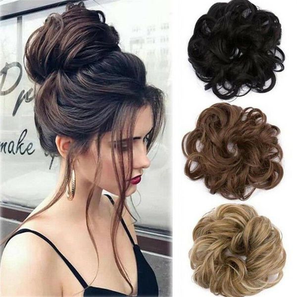 Extensions de cheveux bouclés, chignon désordonné, chouchou, couverture Updo, réelles comme human195B