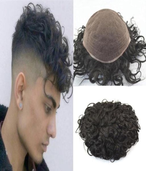 Toupet vague bouclée pour hommes tous les cheveux humains dentelle française hommes toupet systèmes de remplacement cheveux Remy 20mm vague pleine dentelle hommes toupet Hair3020249