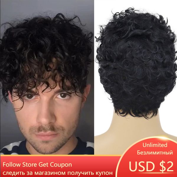 Peluca rizada Peluca de pelo corto negro con flequillo Jet Jack Peluca Hombre Guy Toupee Cosplay Pelucas masculinas para hombres Disfraz de Halloween Wigfactory di