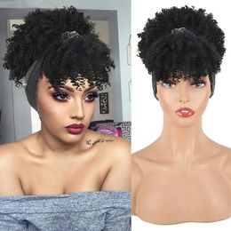 Pelucas rizadas para pelucas de hambre de mujer negras con flequillo Wig 2 en 1 Pelera sintética de rizado afro rizado con banda para la cabeza con diadema 240412