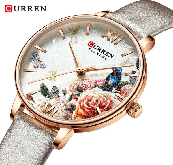 Curren Beautiful Flower Design Watches Women Fashion Casual Le cuir-bracelet Magrédies Morloge féminine Femme 039s Quartz Watch7611990