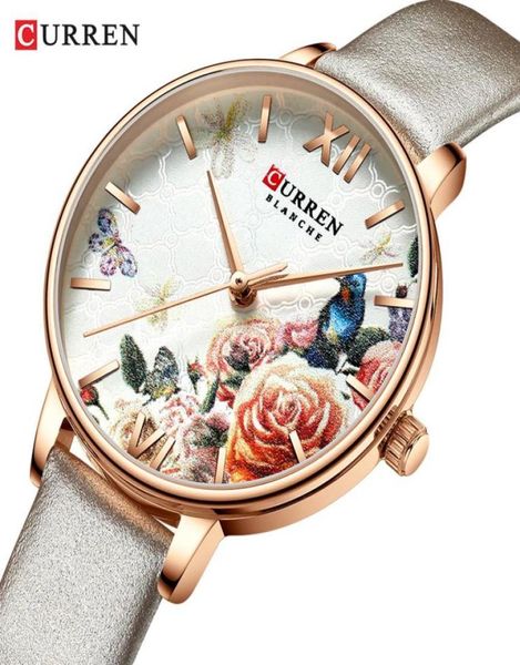 Curren Beautiful Flower Design Watches Women Fashion Casual Le cuir-bracelet Magrédies Morloge féminine Femme 039s Quartz Watch8371331