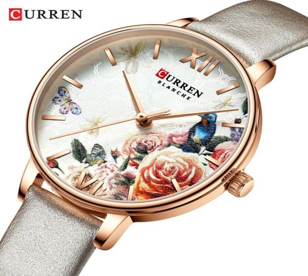 Curren Beautiful Flower Design Watches Women Fashion Casual Le cuir-bracelet Magrédies Morloge féminine Femme 039s Quartz Watch6109205