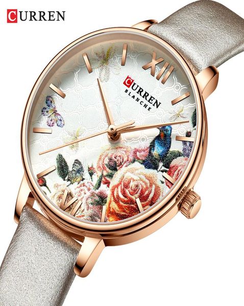 Curren Beautiful Flower Design Watches Women Fashion Casual Le cuir-bracelet Magrédies Morloge féminine Femme 039s Quartz Watch1731778