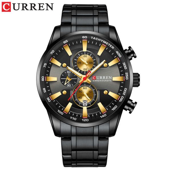 CURREN Montre en or noir pour hommes Mode Quartz Sport Montre-bracelet Chronographe Horloge Date Montres en acier inoxydable Montre mâle X0625