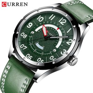 Curren Casual Business Bracelet en cuir Montre pour hommes Marque de luxe Militaire Vert Horloge Hommes Quartz Montre-bracelet Mâle Calendrier Montre Q0524