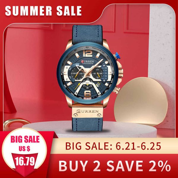 Curren Relojes deportivos casuales para hombres Blue Top Brand Luxury Military Cuero Reloj de pulsera Hombre Reloj Moda Cronógrafo Reloj de pulsera X0625