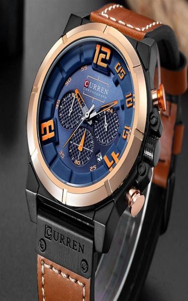 Curren Fashion Brand Chronograph Sports Men Regarde le poignet de quartz analogique militaire regarde une sangle en cuir véritable horloge 272b9947089