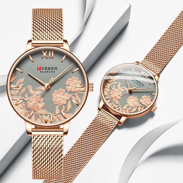 Curren mode montre femmes en acier inoxydable maille bande charmant poignet décontracté Quartz montres avec fleur Q0524