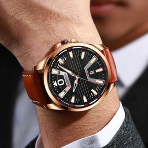 Curren Echt Lederen Horloge Mannen Luxe Merk Waterdicht Bedrijf Minimalistische Mannelijke Polshorloge Rose Gold Relogio Masculino 210527