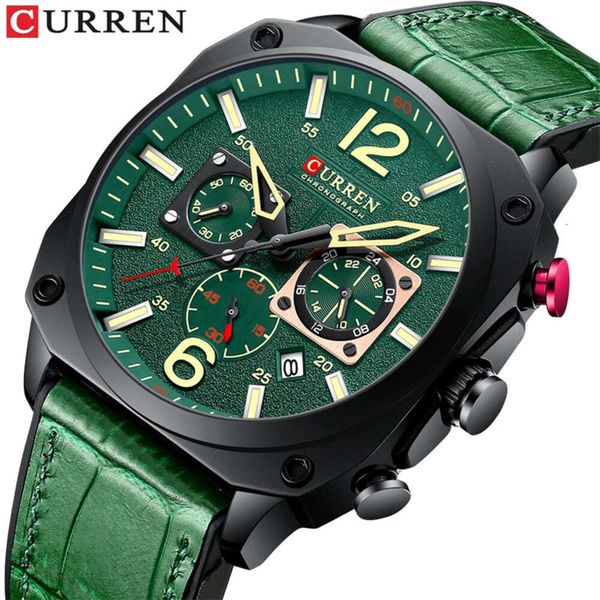 CURREN Karien 8398 Reloj creativo con cinturón para hombre, informal, verde, pequeño, con calendario de sincronización de tres agujas