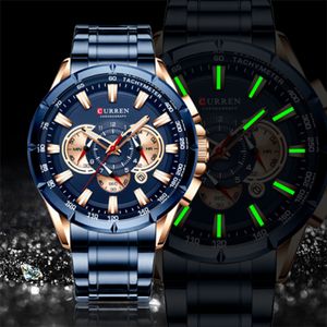 Curren Luxury Brand Match's Watch Blue Quartz Wristwatch Sports Chronograph Clock Male Malless en acier en acier inoxydable Fashion Business Watch 278Y