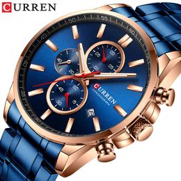 Curren Hommes Montre Casual Sport Montres Top Marque De Luxe Bleu Plein Acier Quartz Montre-Bracelet Chronographe Militaire Mâle Horloge Q0524