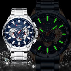 Curren Nieuwe Causal Sport Chronograph Men's Watch roestvrijstalen band polshorloge Big Dial Quartz horloges met lichtgevende aanwijzingen T200113