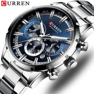 Curren Top Marque Militaire Quartz Montres Sier Bleu Hommes En Acier Inoxydable Chronographe Montre-Bracelet pour Homme Casual Sportif Horloges Q0524