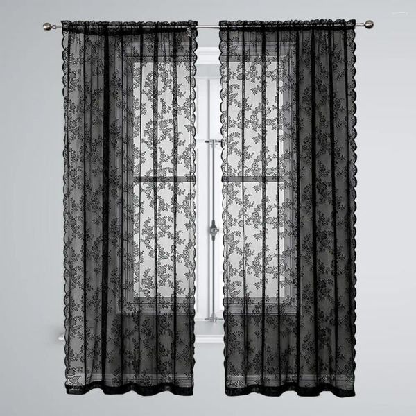 Rideau 1 pièce en dentelle, bonne perméabilité à l'air, protection solaire, anti-poussière, lavable, décoratif à motifs floraux, noir transparent, fourniture pour la maison