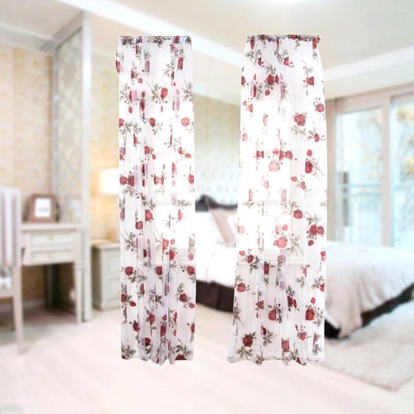 Cortina 1 PC Semi-Shading Rose Flower Cortinas Voile para sala de estar de dormitorio-100x200cm (rojo)