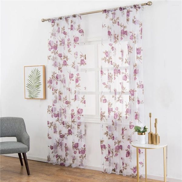 Cortina 1 PC Semi-Shading Rose Flower Cortinas Voile para sala de estar de dormitorio-100x200cm (púrpura)