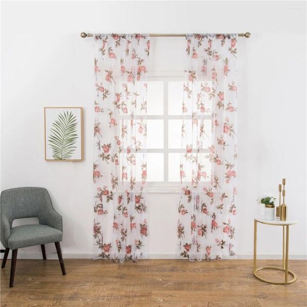 Cortina 1 pieza Cortinas de gasa semisombreadas para ventana con flores rosas para dormitorio, sala de estar-100x200cm (rosa)