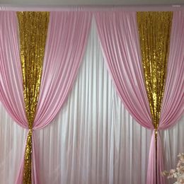 Gordijn 10ft x10ft Wit Pink Ice Silk Gold Parreny Drupe Backdrop Wedding Verjaardagsfeestje Decoratie