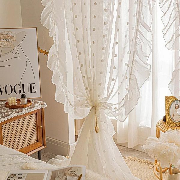 Rideau 1panel blanc pompom rideaux à ébauche de filles romantique française élégante élégante en dentelle en tulle écran de chambre à coucher décoration de chambre à coucher