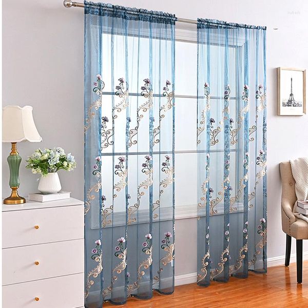 Cortina 1 pieza, pantallas creativas para ventanas, cortinas de tul azul para habitación, balcón, gasa transparente de estilo europeo bordada, moderna de alta gama