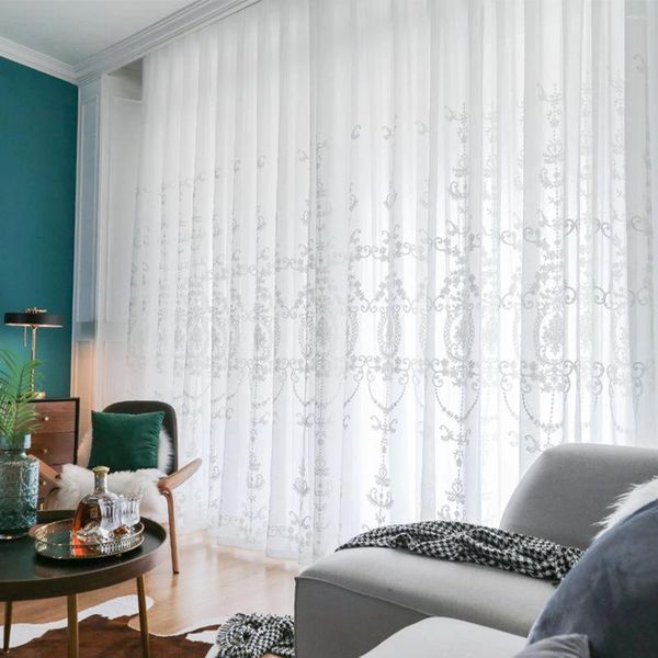 Cortina 1pc patrón geométrico blanco transparente bordado moderno bordado de voile tul de bolsillo para la sala de estar decoración