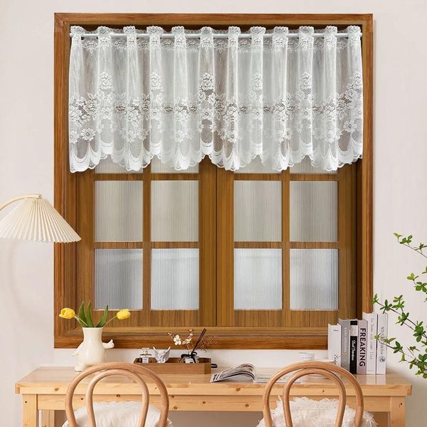 Rideau court en dentelle florale blanche, 1 pièce, pour fenêtre de cuisine, drapé transparent, armoire, anti-poussière, décoration de la maison # E