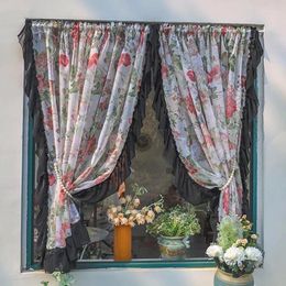 Rideau 2 pièces rideaux courts transparents floraux rouges pour café cuisine El Vintage noir blanc dentelle à volants minable délicat cantonnière rideaux de niveau