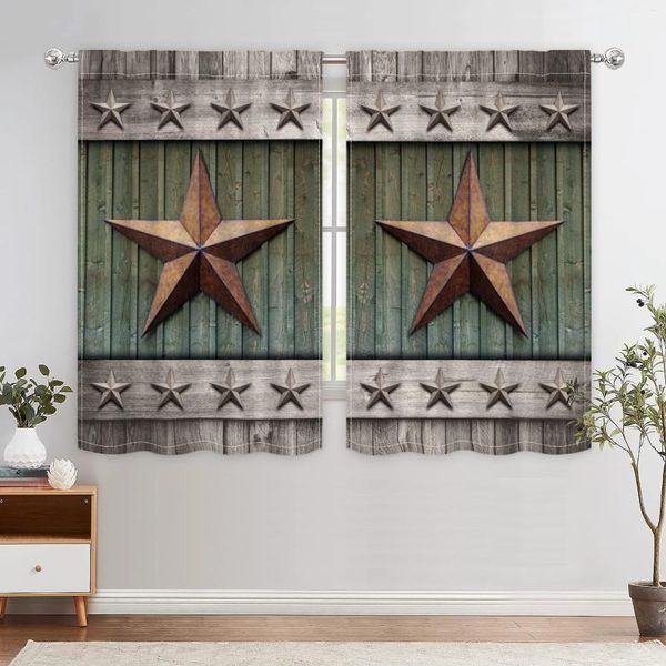 Rideau 2pcs Retro Wood Grain Star Pattern Kitchen Living Room Office Rideaux Home Chadow Decoration Tissu de Sunshade