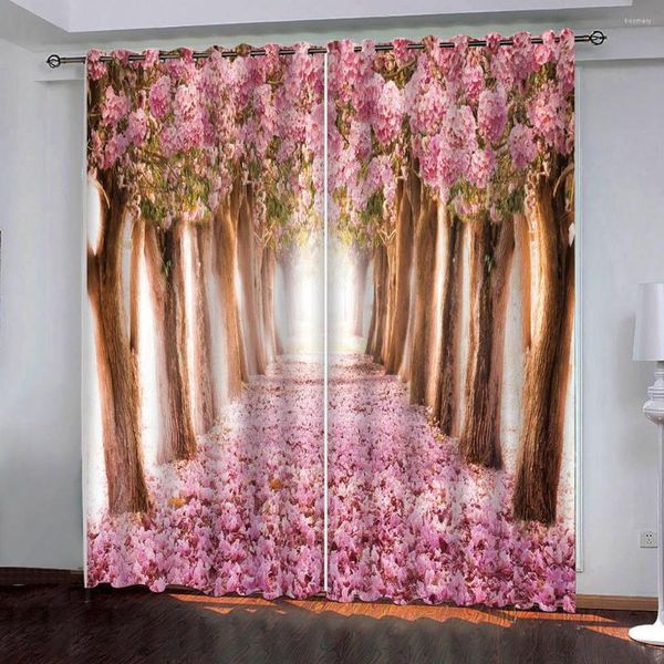 Cortina 3D hermosas flores de cerezo rosa lujo gruesa para sala de estar dormitorio boda cocina cortinas decoración del hogar