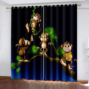 Cortina 3D lindo mono de dibujos animados divertido zoológico cortinas de ventana fina para niños para niños sala de estar dormitorio decoración 2 piezas