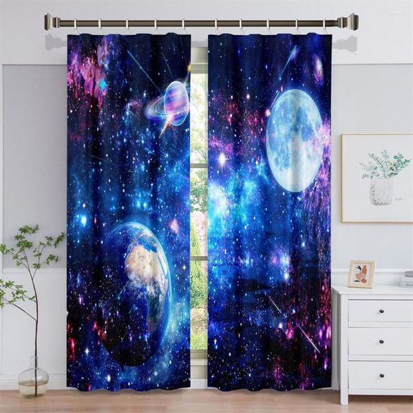 Cortina 3D galaxia espacio exterior universo nebulosa cielo estrellado planeta Solar 2 piezas sombreado ventana para sala de estar dormitorio decoración gancho