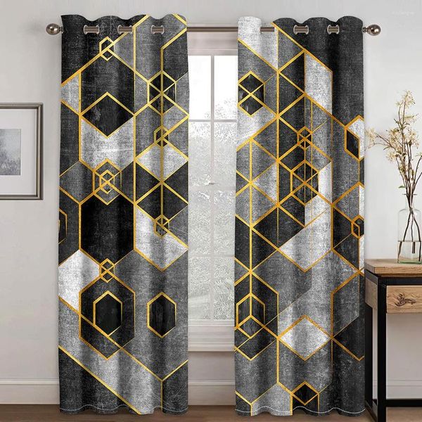 Cortina 3D gris dorado textura abstracta geométrica mármol finas ventanas cortinas para sala de estar dormitorio decoración 2 piezas