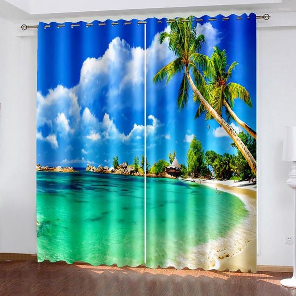 Cortina 3D paisaje natural arena azul playa mar hojas de palma sombreado poliéster ventana cortinas para dormitorio sala de estar decoración del hogar gancho