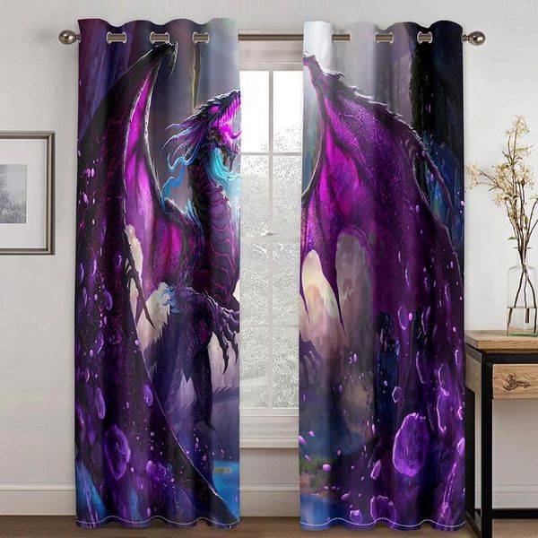 Cortina con estampado 3D de dragón mágico de fantasía Medieval, 2 piezas, cortinas finas para ventana para niños, sala de estar, dormitorio, decoración de dos cortinas