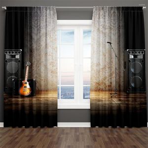 Cortina con estampado 3D de instrumento moderno, notas de guitarra, Cool Boy, 2 piezas, ventana de sombreado fino para sala de estar, dormitorio, decoración, bolsillo para barra