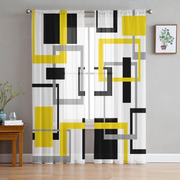 Cortina geométrica abstracta negro amarillo tul transparente para sala de estar adultos dormitorio cortinas cocina gasa Organza decoración cortinas
