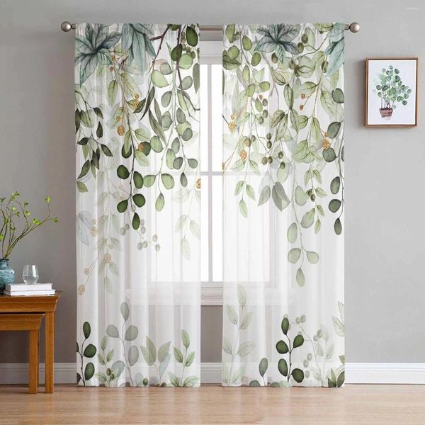 Rideau abstrait des feuilles vertes branches rideaux transparents pour la décoration de salon fenêtre cuisine en tulle voile drapes d'organza