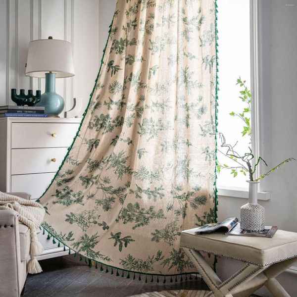 Cortina de algodón americano, lino, Pastoral, conos de pino verde, ventana del hogar gruesa con borlas, cortinas opacas para sala de estar